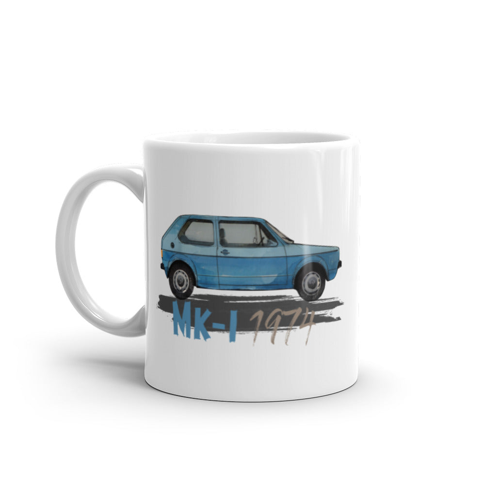 White glossy mug − VW Golf I blue