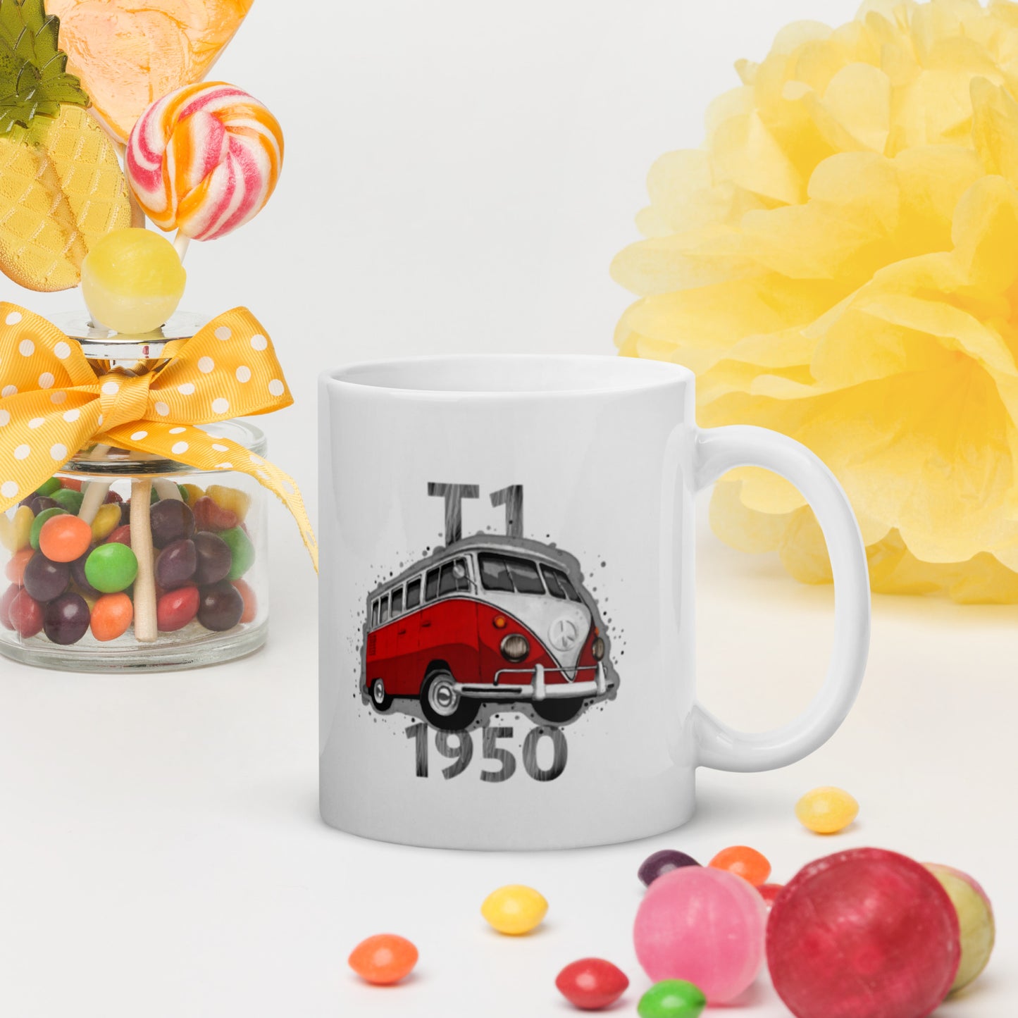 White glossy mug − VW T1 red