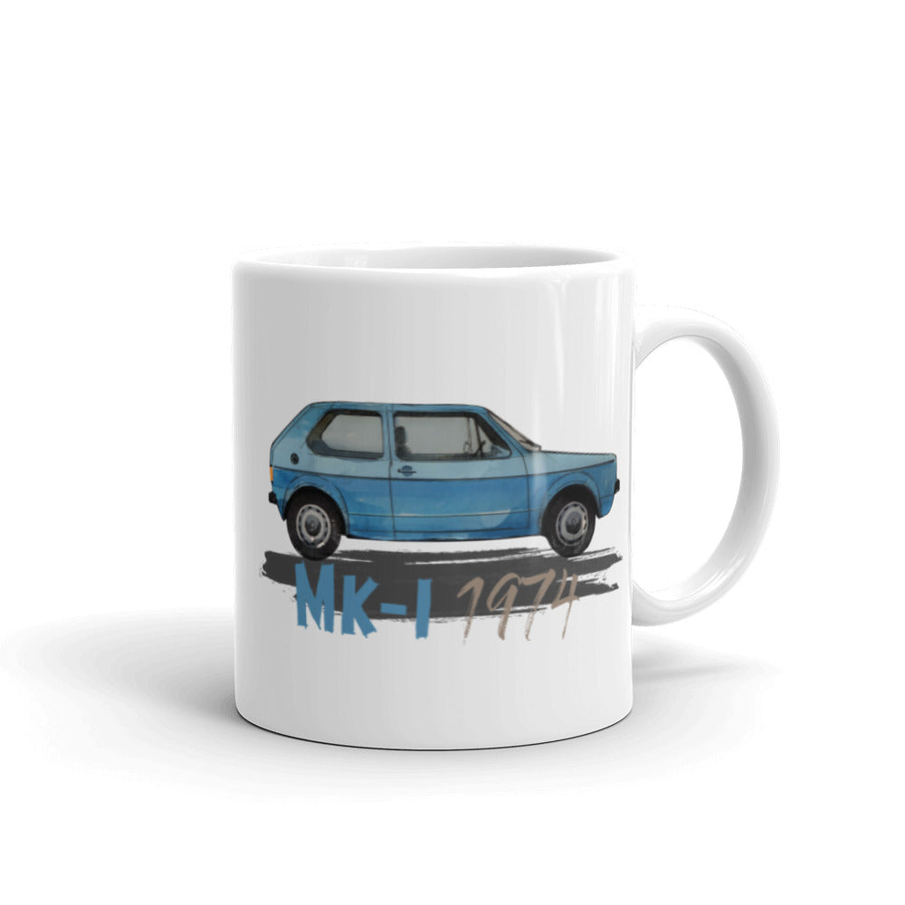 White glossy mug − VW Golf I blue